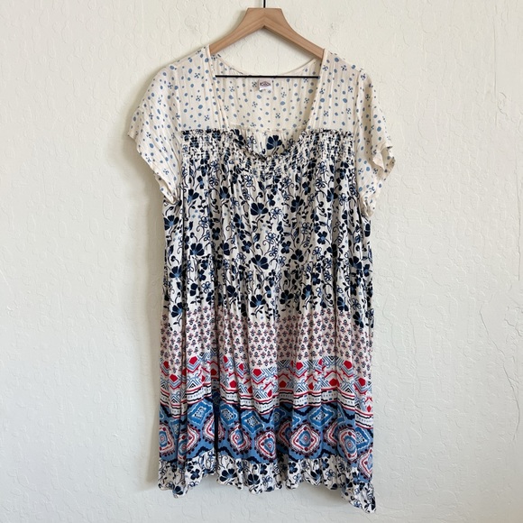 Bila Dresses & Skirts - Bila Patchwork Floral Boho Print Short Sleeve Babydoll Mini Dress Large Blue